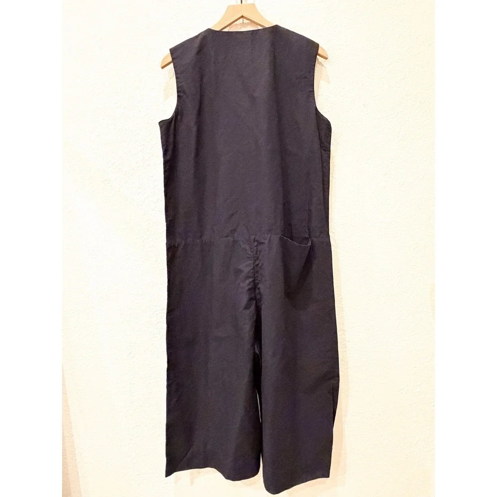 COS Linen Blend Sleeveless Wide Leg Cropped Jumpsuit Navy Minimalist Lagenlook